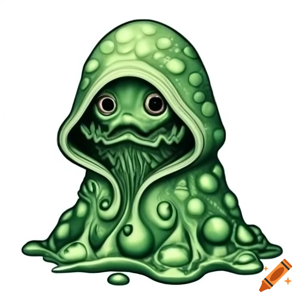 Green hooded Celtic pattern cloak slime creature in full figure