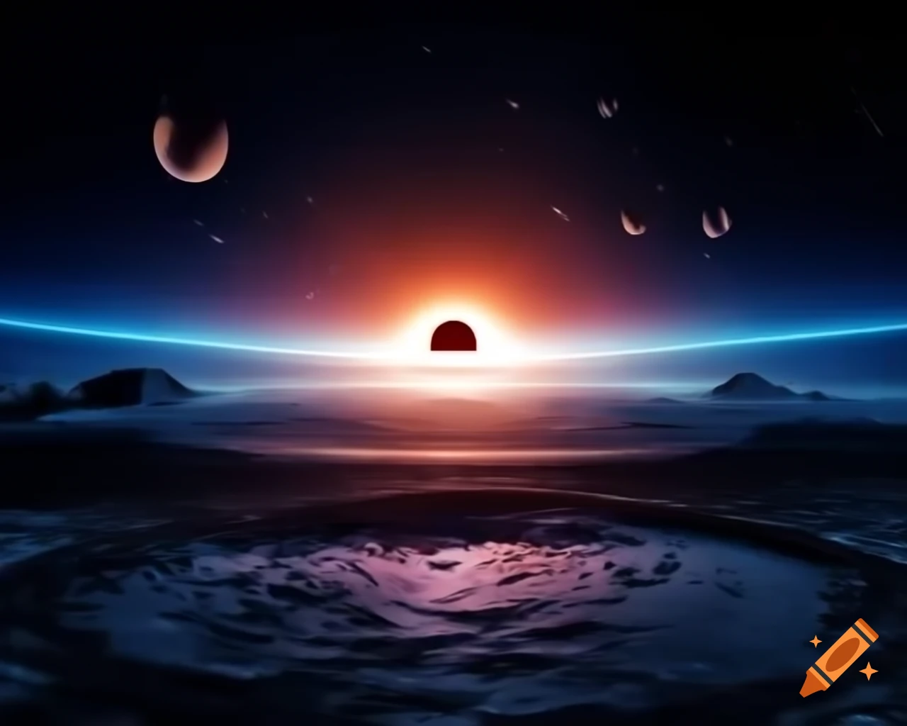 Hyperrealistic black hole in space scene with stars and blue-orange rim lights