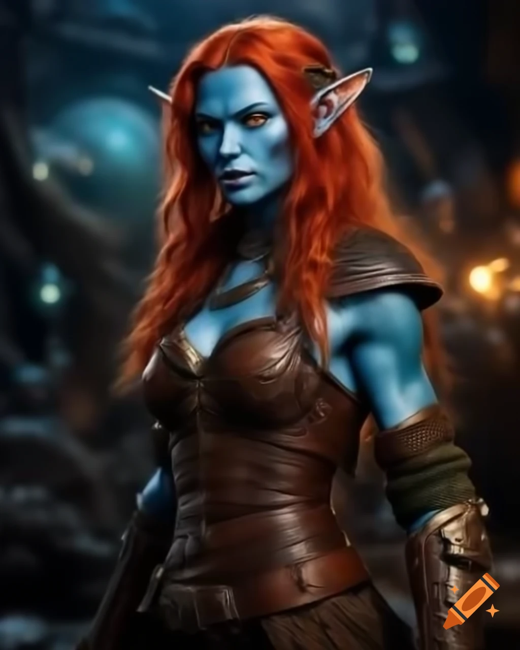 Blue skinned red haired female ogre sorceress in leather armor, glowing with magical power