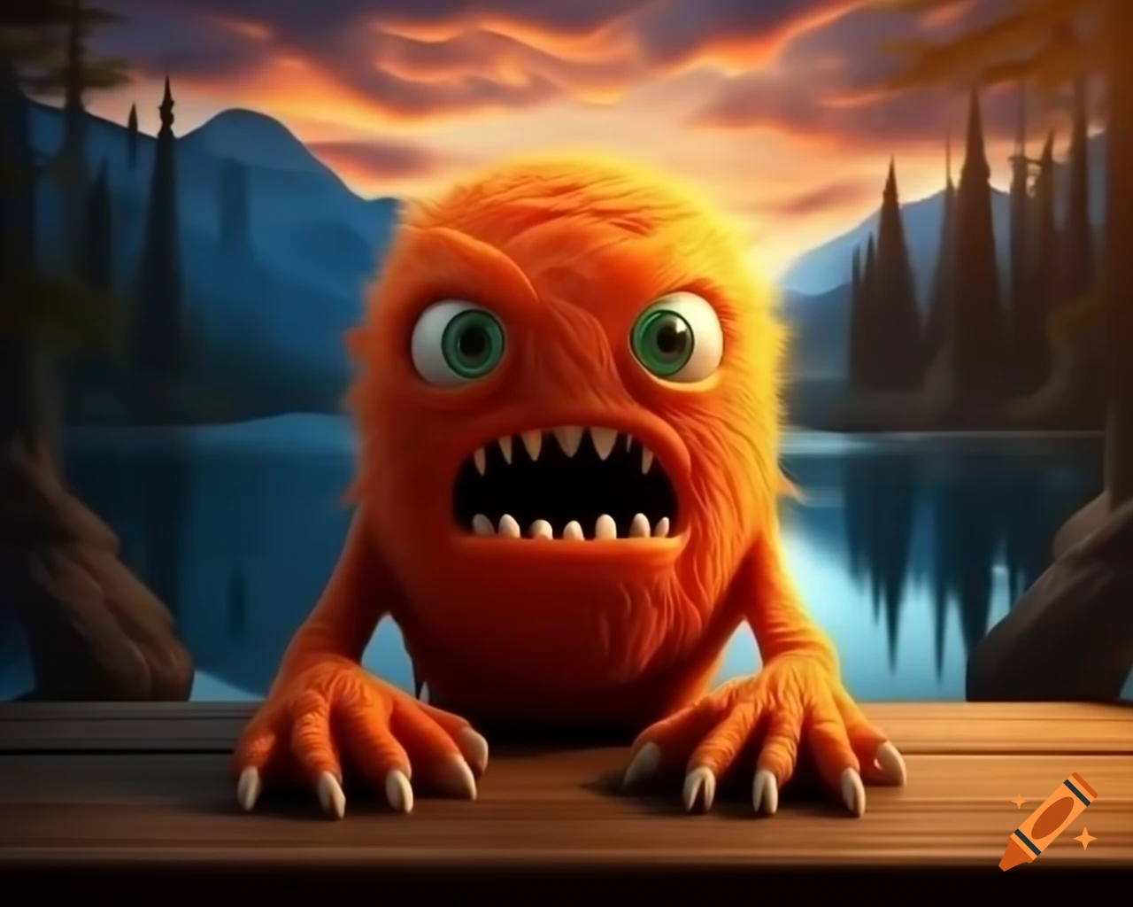 Photorealistic orange monster with human face sitting on wooden table in forest