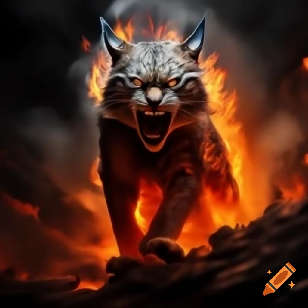 Lynx silhouette emerging from fiery furnace with smoky hues