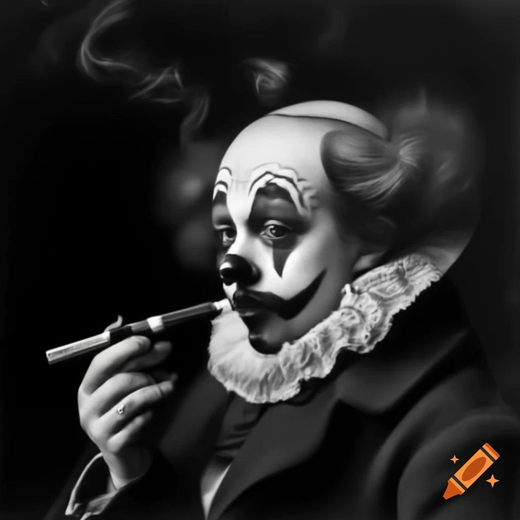 Charcoal portrait of clown with cigar in Sargent style, wearing curly wig and vintage suit
