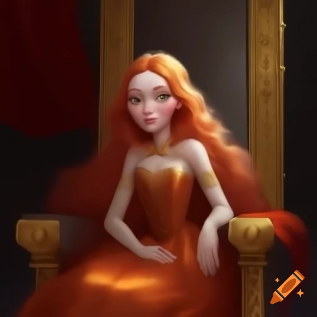 Young empress with red hair in orange and gold dress seated on golden throne