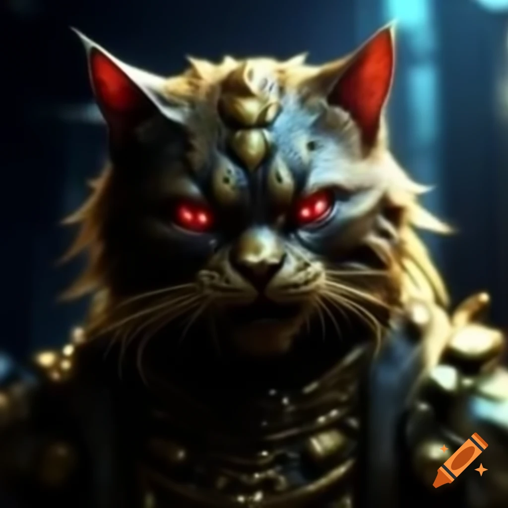 Sinister gold glowing cat deity with red eyes in cyberpunk setting