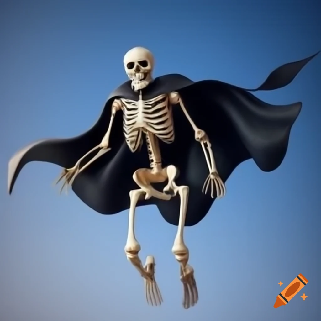 Realistic superhero skeleton flying with a cape