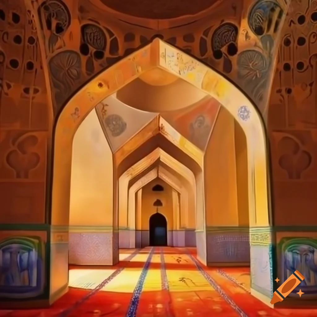 Interior of Shah-Cheragh mosque in Shiraz with warm hues, Klimt style