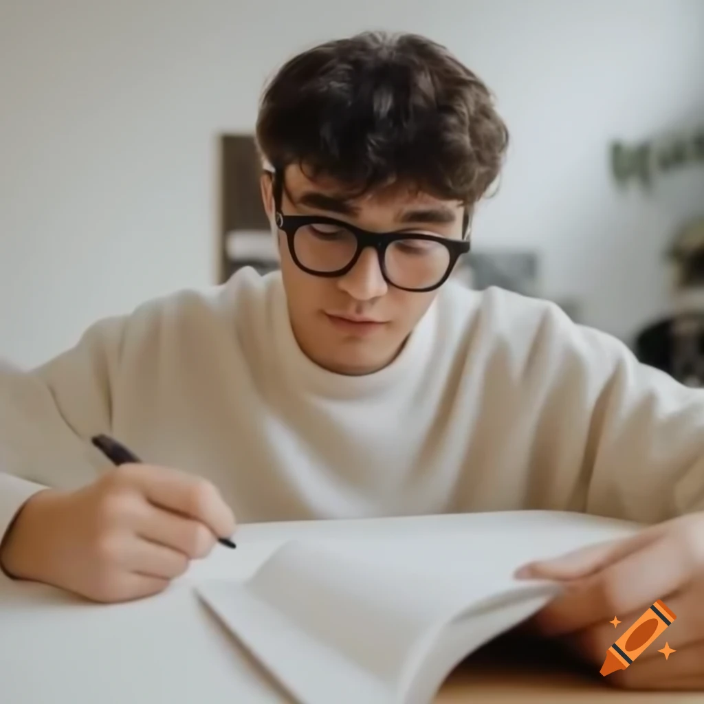 College student with square glasses writing a letter