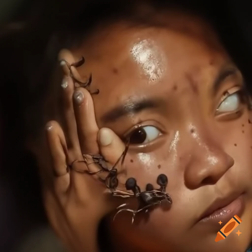 Unstable woman crying insects