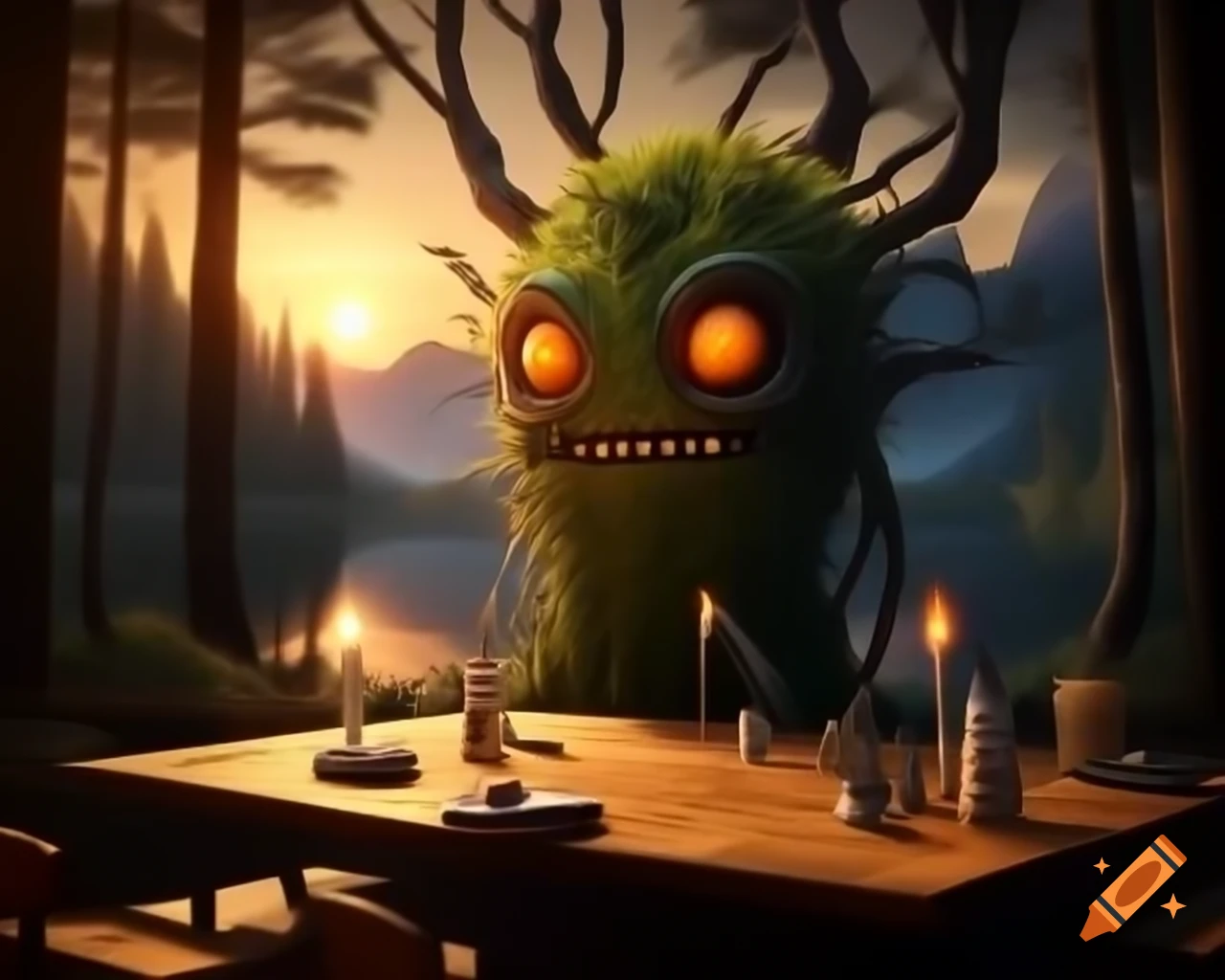 Hyper-realistic depiction of orange tree monster with human face in contemporary forest setting