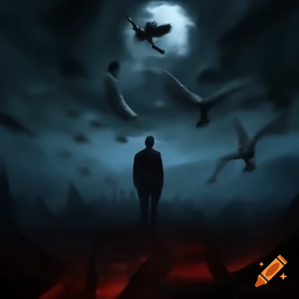 Man observing chaotic scene with bird made of bones and steel in the sky