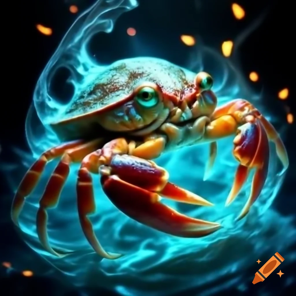 Photorealistic glowing hermit crab with turquoise eyes in swirling cyan flames