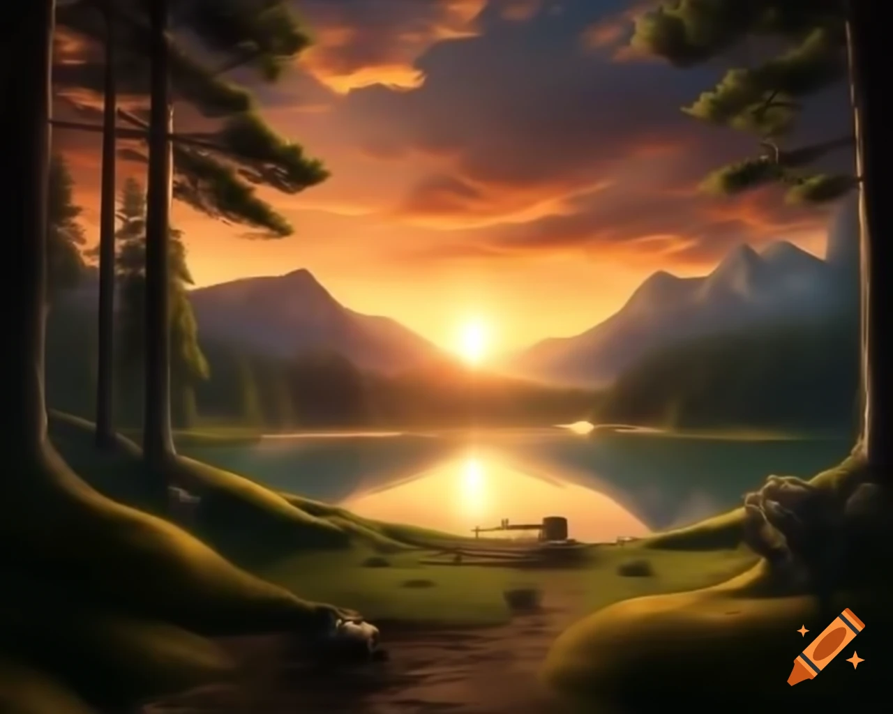 Surreal fantasy scene with orange monster in forest by lake at sunset