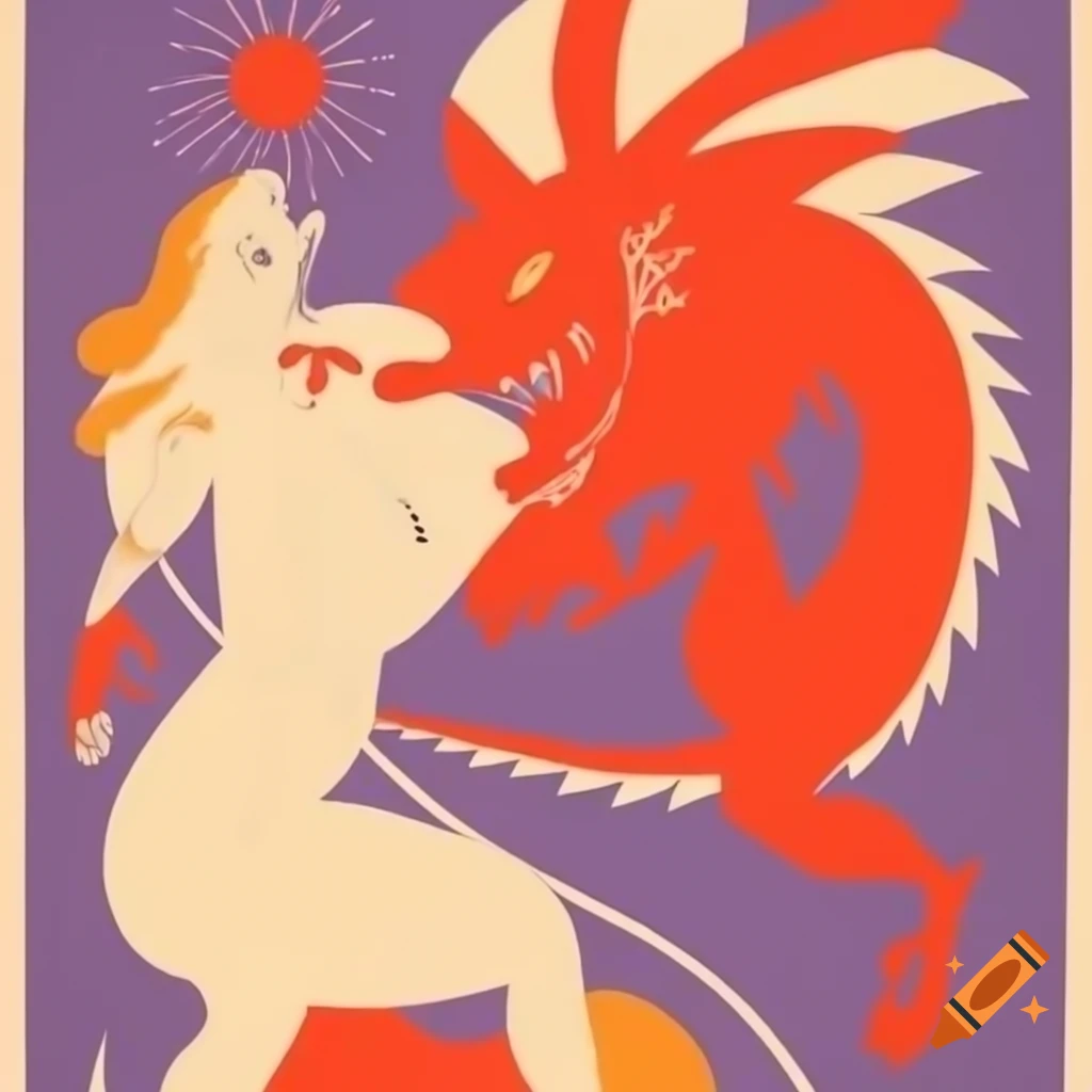 20th century pulp magazine illustration of Great Red Dragon and woman with clean bold lines