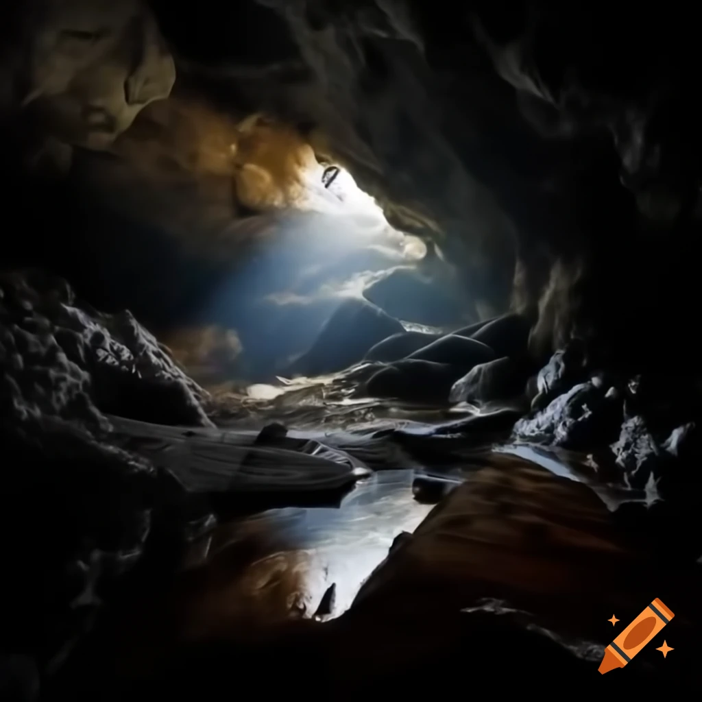 Fading light illuminating a dark cave with dripping water