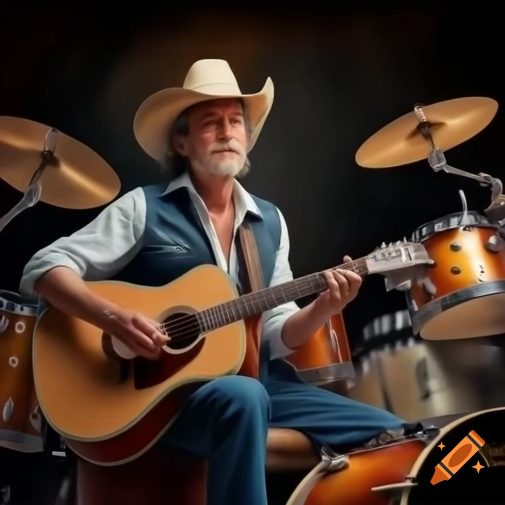 Country musician on guitar and Cajun drummer inspired by Bob Dylan album cover