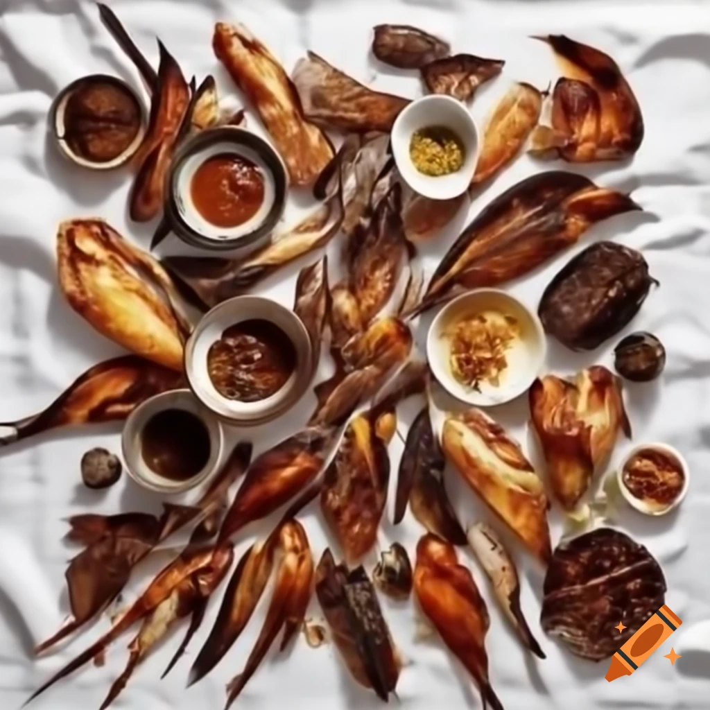 Roasted bird parts displayed on a white tablecloth