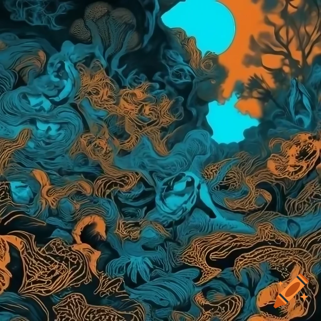 Surrealist nature landscape with people, featuring fractal patterns and bright colors