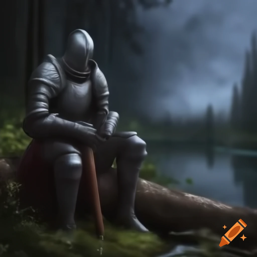 Exhausted knight resting near log by lake in forest during blizzard, hyper-realistic