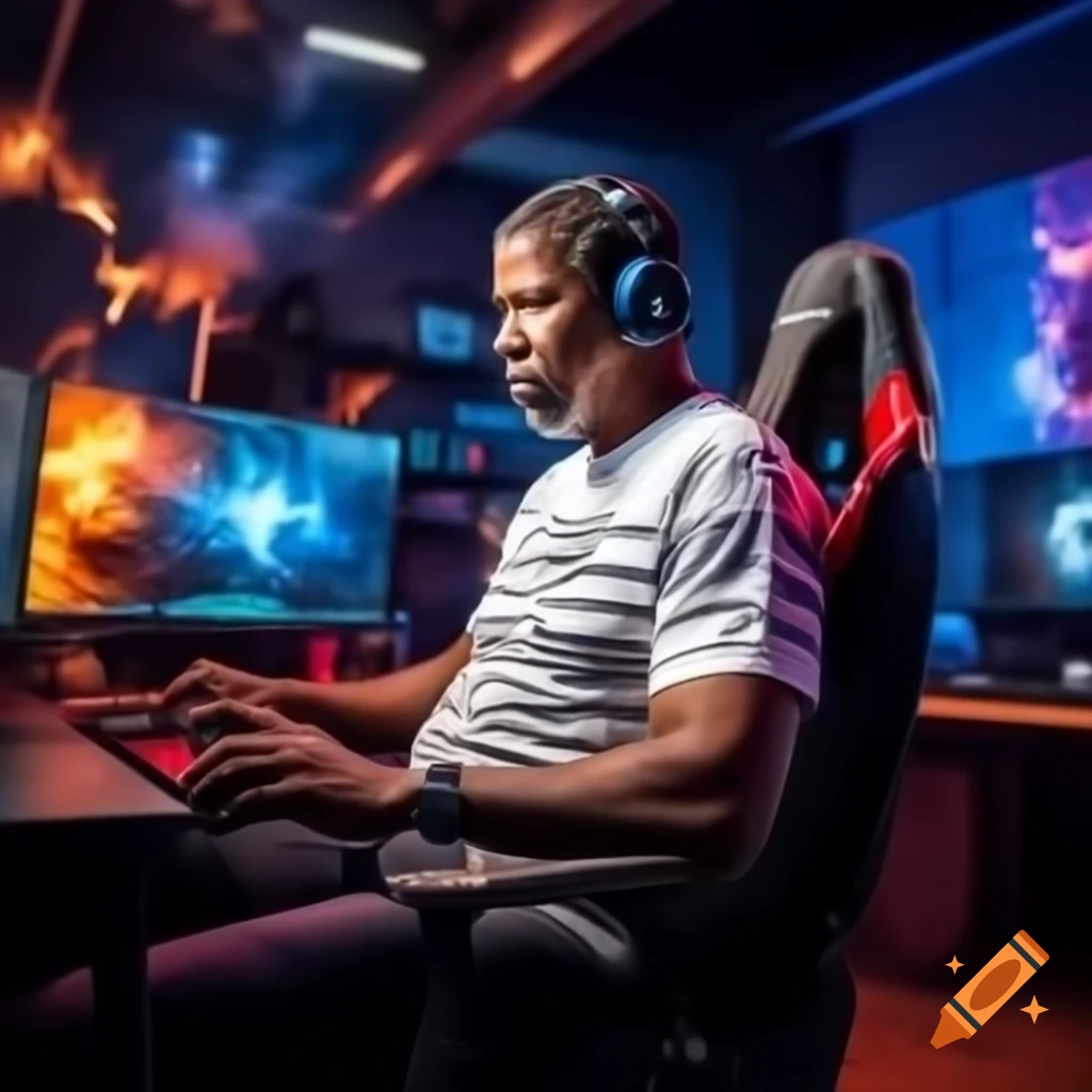 Denzel Washington in gaming setup with exploding computers