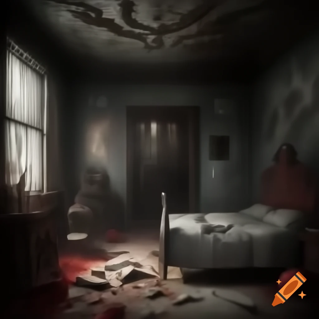 Scary house room with demonic drawings on walls