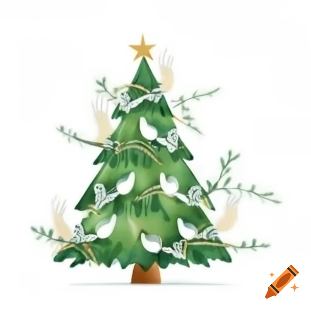 Evergreen Christmas tree with doves and sparkling ribbons in watercolor storybook style