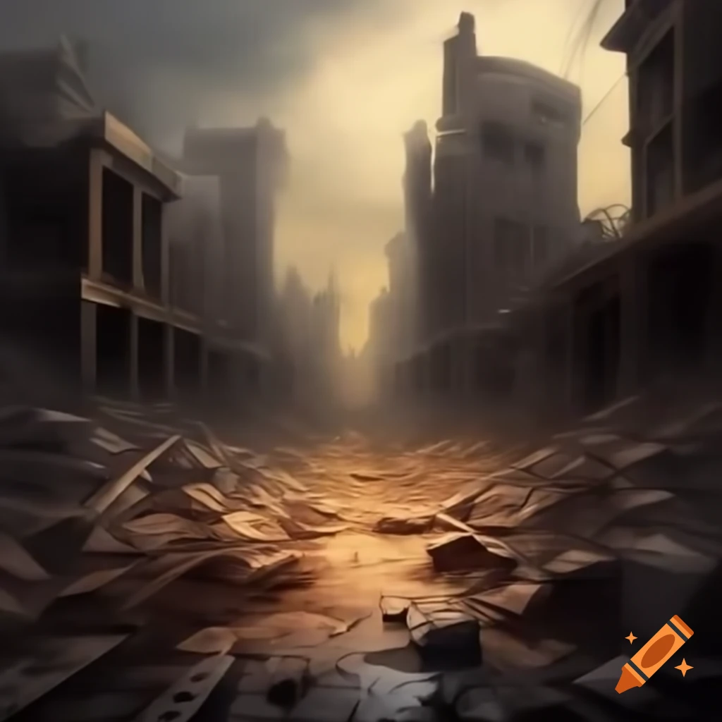 Destroyed cityscape centered on a road, semi-realistic style