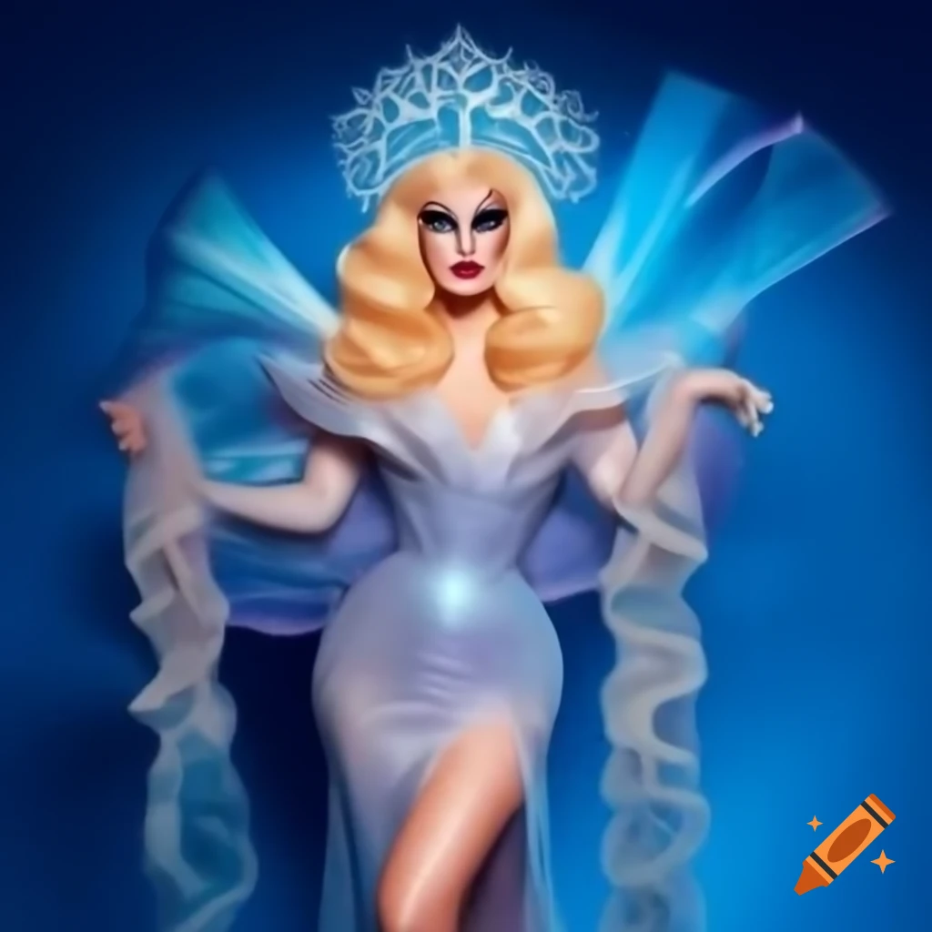 Water goddess themed drag queen character in iridescent gown with aquatic makeup