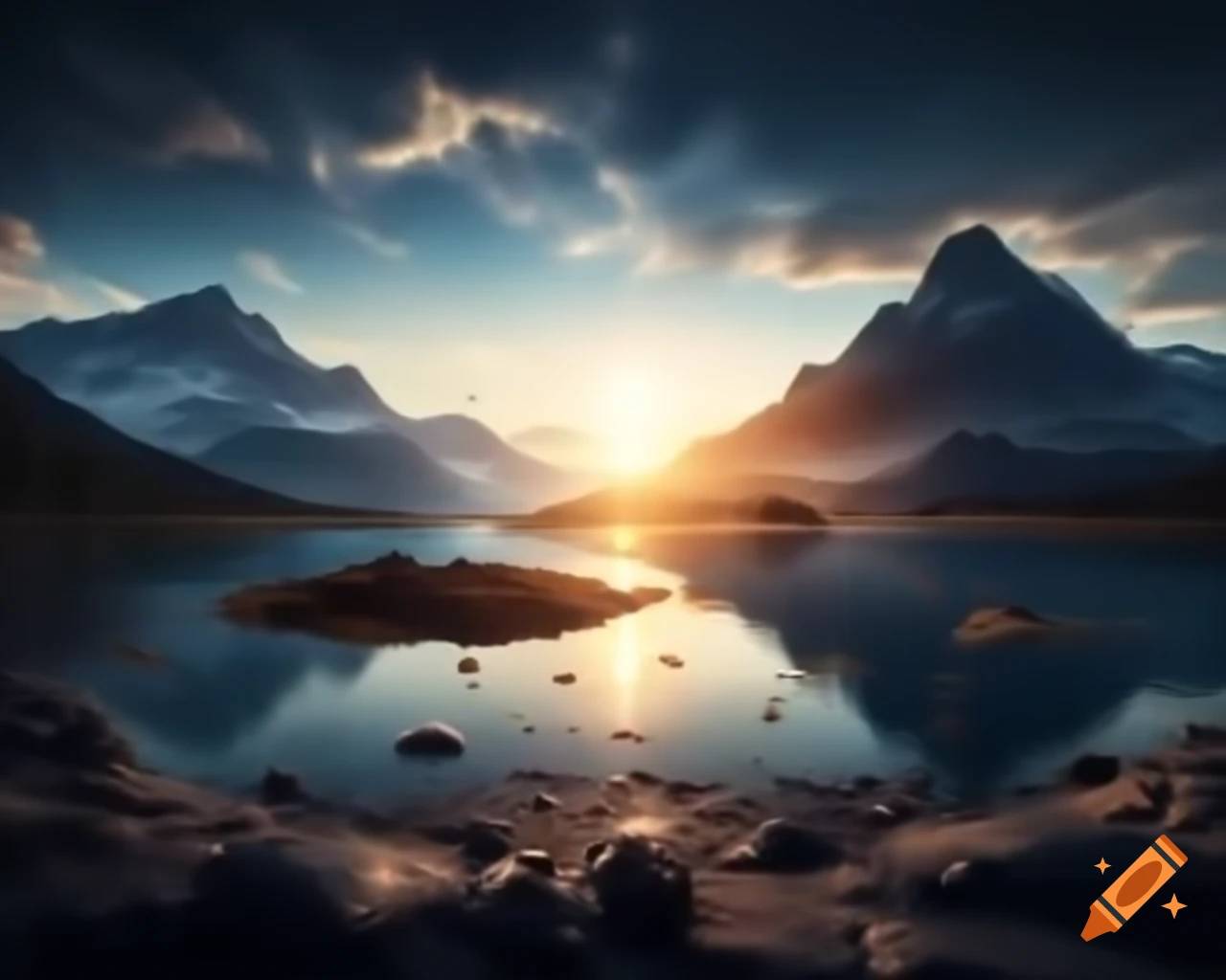 Photorealistic 3D render of mountain lake at sunset with sun rays and island