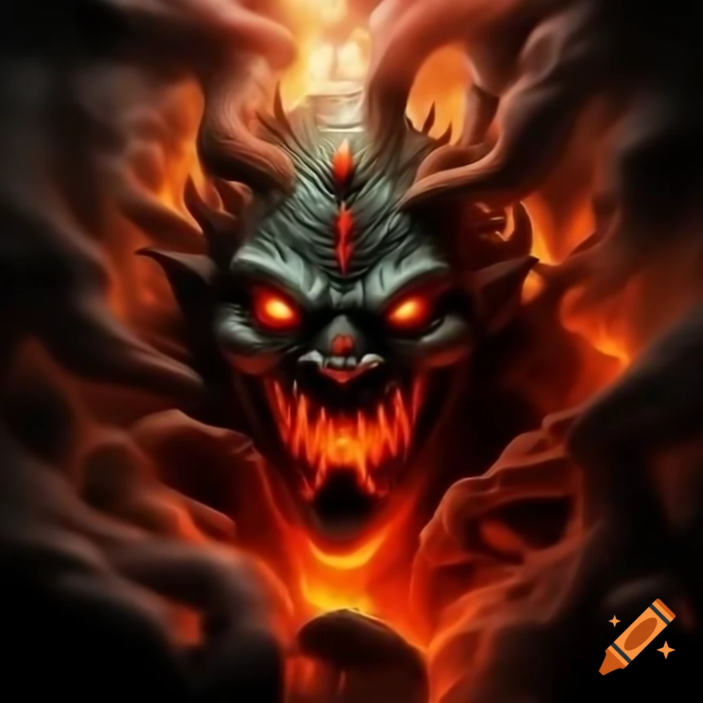 Sinister masculine deity with glowing orange features and red eyes emerging from a red mist vortex