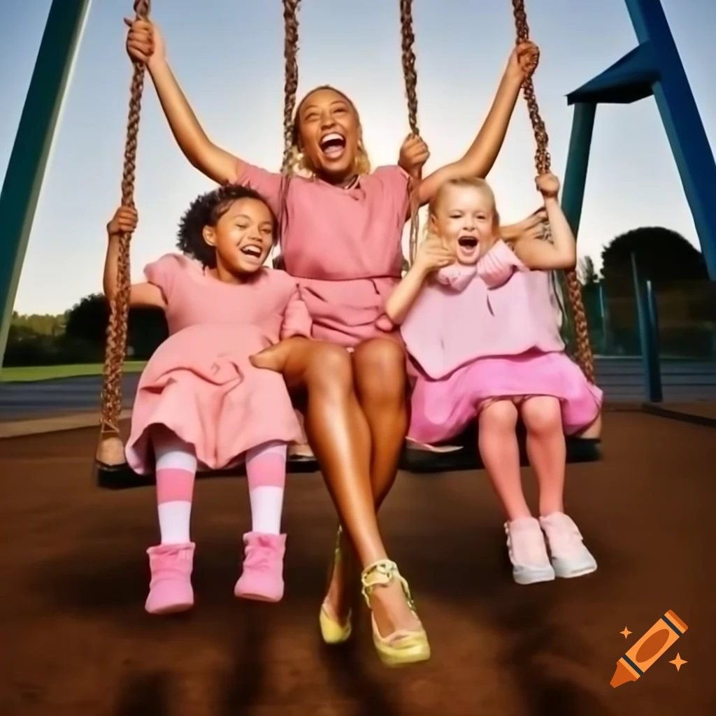 Carefree woman in pink dress on swing in playground, exuding joy
