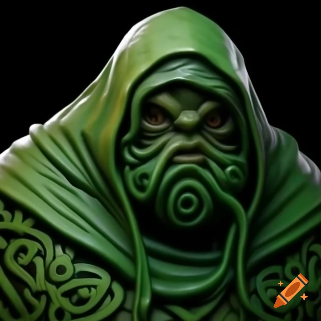Highly detailed green hooded Celtic pattern cloak slime creature in full figure