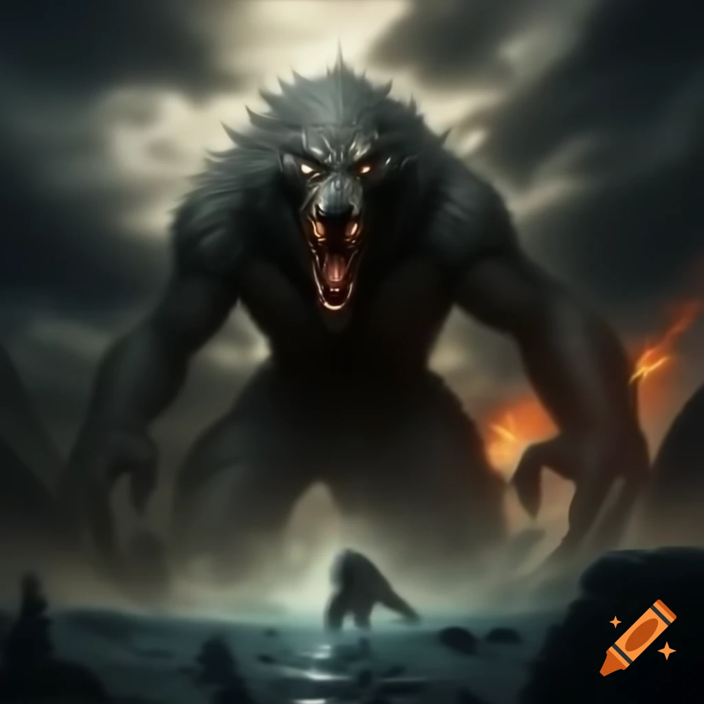 Evil monster hybrid of wolf and man, with elemental control and bright blue eyes