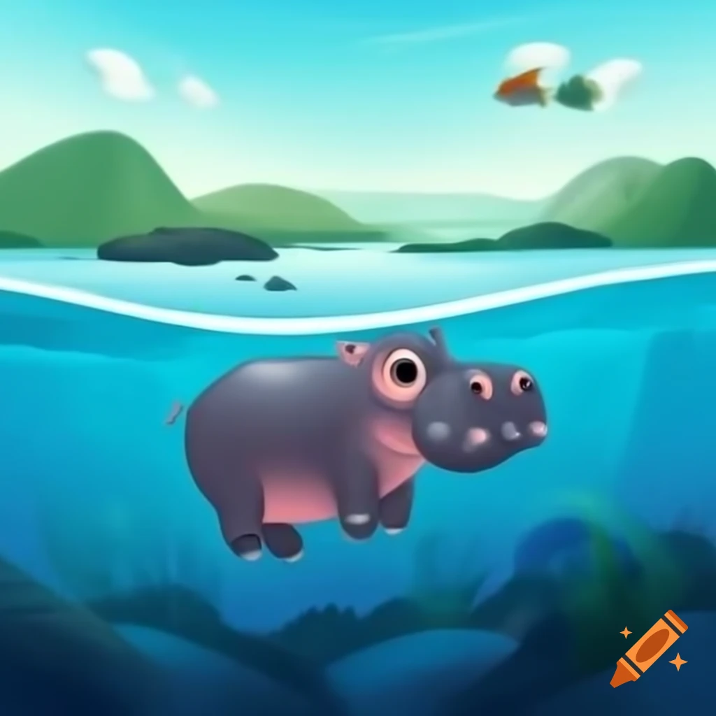 Baby pygmy hippo fishing in tropical sea panorama