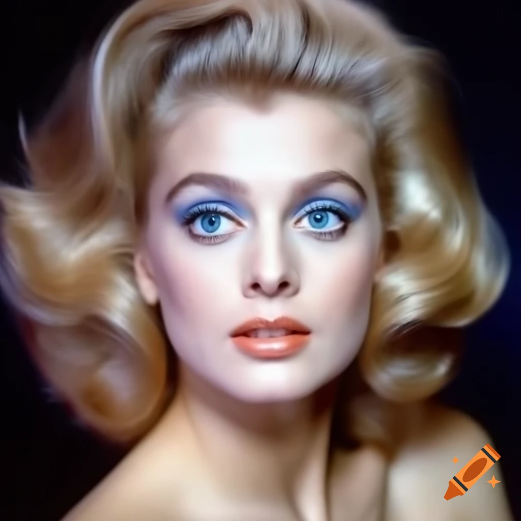 Hyper-realistic photograph of beautiful European actress from 1963 with porcelain skin and blue eyes
