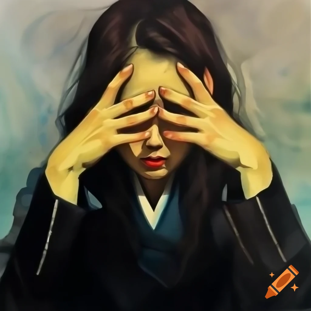 Portrait of Korean woman in black, animated style with watercolor and Rembrandt influence