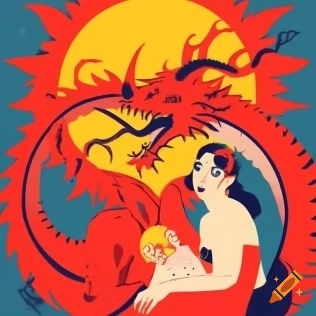Art nouveau illustration of 'The Great Red Dragon and the Woman Clothed with Sun', featuring clean bold lines