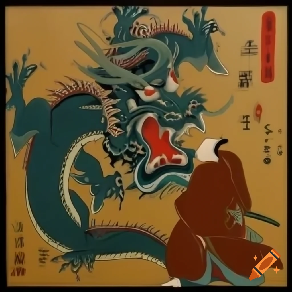 Old Japanese painting of dragon fighting with monk