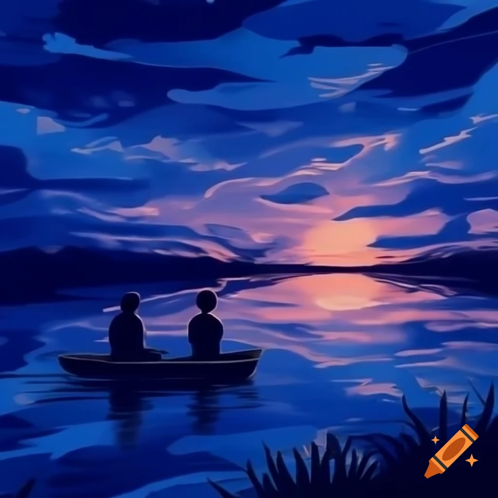 Couple in boat on river at sunset with intertwining energy fields, abstract modern art style