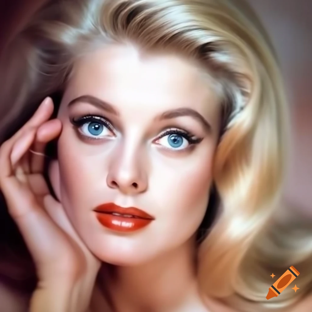 Hyper-realistic portrait of a beautiful European actress from 1963 with porcelain skin and blue eyes