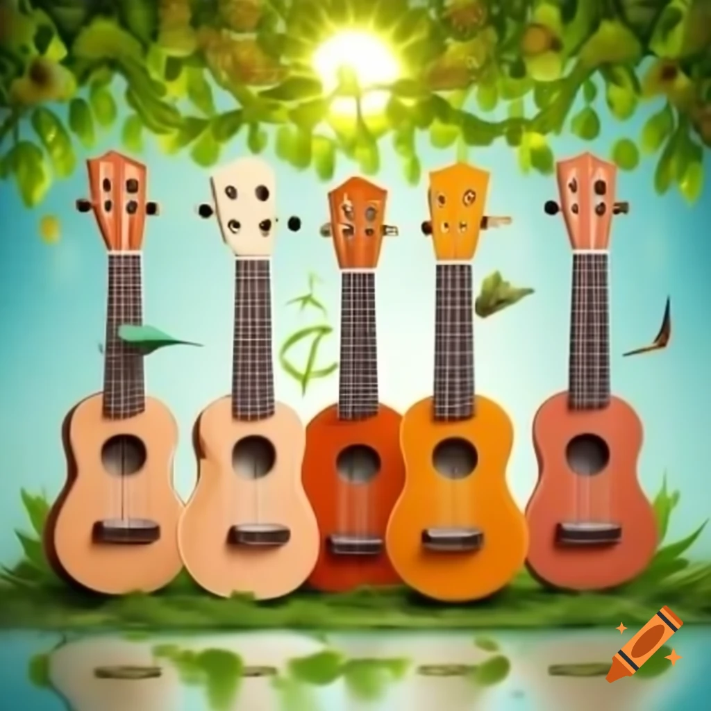 Colorful artistic depiction of three ukuleles with music notes, tree, bird, and sunny sky