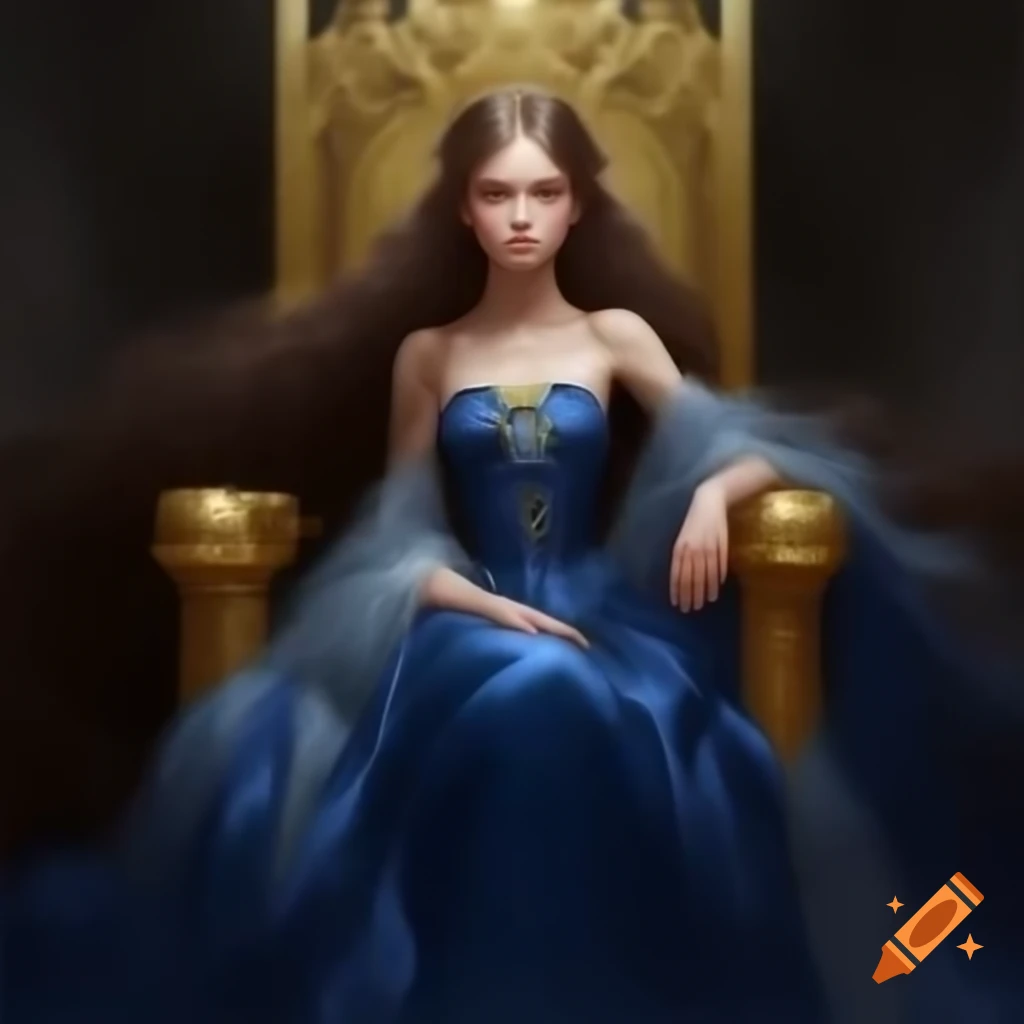 Young empress with brunette hair on golden throne in sapphire silk dress