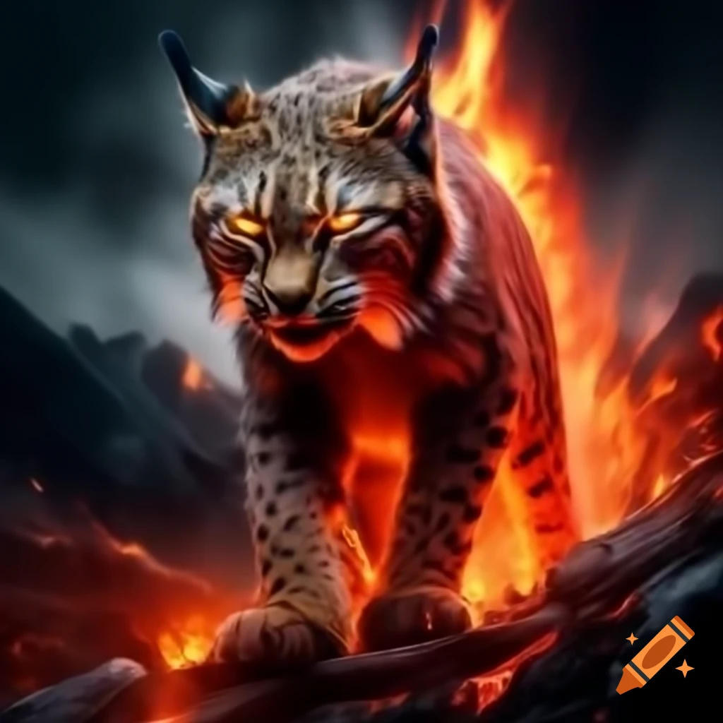 Lynx emerging from erupting volcano with smoky fur and intense gaze