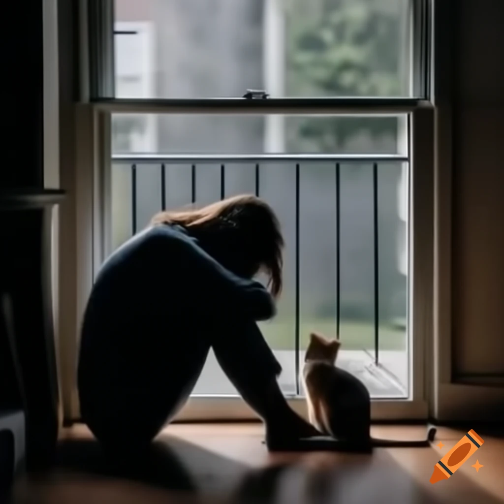 Crying person crouching on the floor with comforting cat beside them