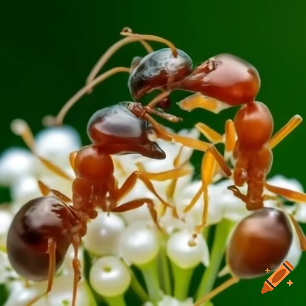 Ants dressed in 40s fashion kissing among flowers with diamonds and pearls