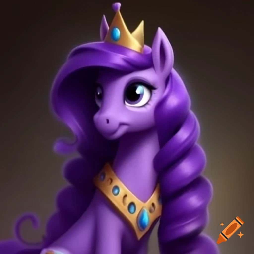 Purple pony princess wearing jewelry and gold crown, realistic and high quality
