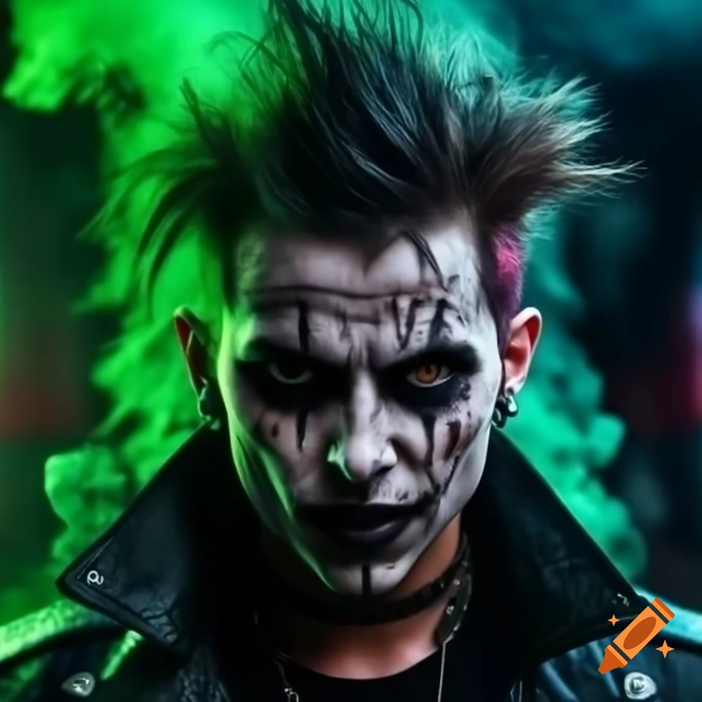 Psychedelic punk rock vampire with messy hair and face piercings against green smoke backdrop