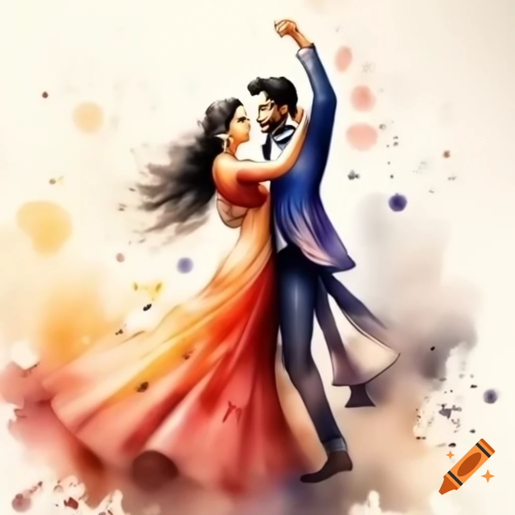 Realistic watercolor illustration of Indian sangeet couple dancing