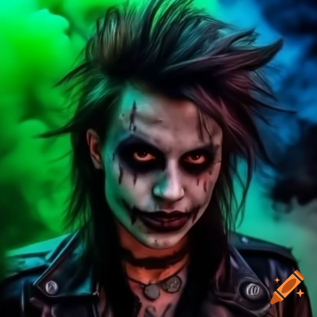 Psychedelic punk rock vampire with piercings and green smoke background, realistic style