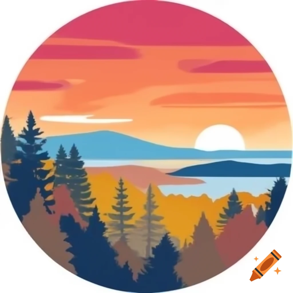 Maine logo featuring trees and sunset in a circular design