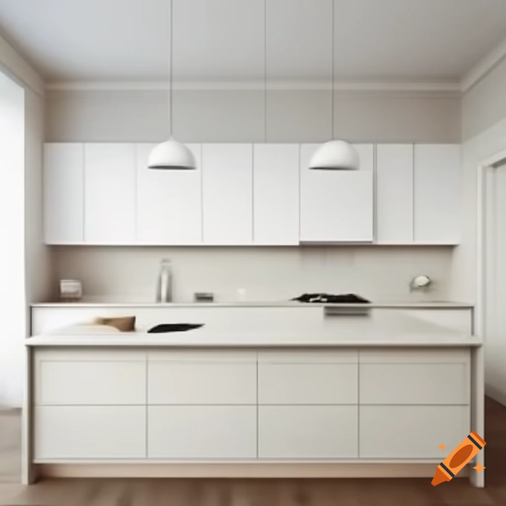 Ultra realistic modern kitchen with white cream stone and dark wood accents